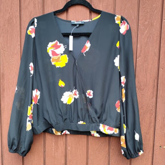 MADEWELL | NWT Black Silk Wrap Top Gallery Floral Long Balloon Sleeve Blouse M - Picture 3 of 16